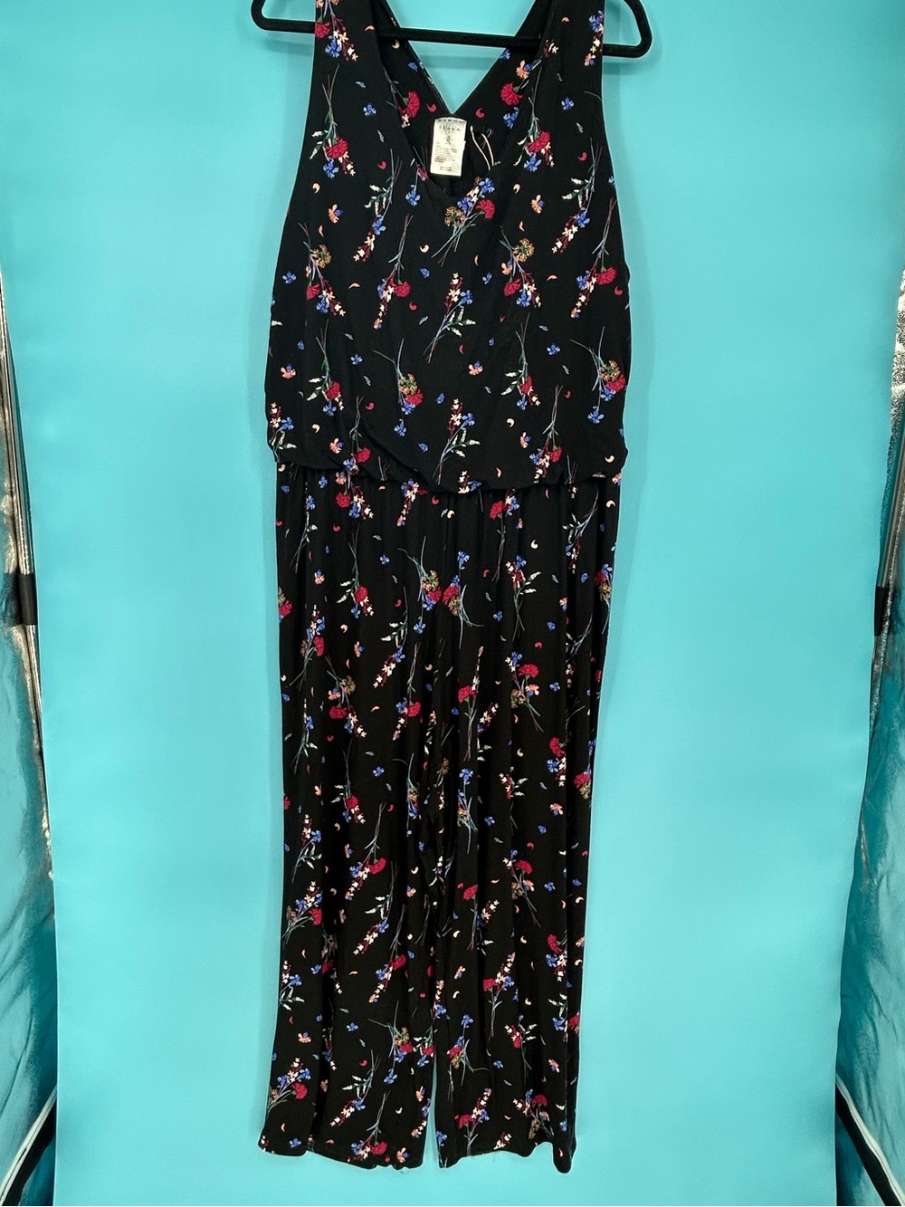 Serra Black Floral V-Neck Sleeveless Jumpsuit with Pink & Blue Accents